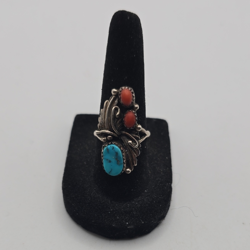 Vintage Signed Native American Turquoise and Coral Ring